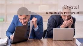  Presentation with employees - PPT theme consisting of two-male-employees-working background and a lemonade colored foreground