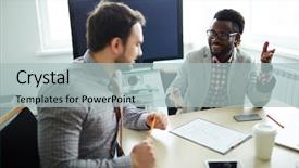  Presentation with financial accounting - PPT theme enhanced with two male financial managers in checked shirts sitting in modern office and preparing annual accounting reports background and a light blue colored foreground