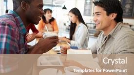  Presentation with data meeting education - Colorful PPT theme enhanced with cafe rencontre - two male friends meeting backdrop and a  colored foreground