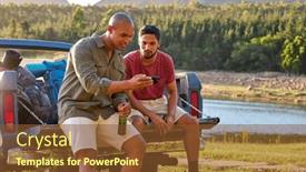  Presentation with backpacks - Presentation design featuring two-male-friends-with-backpacks background and a tawny brown colored foreground