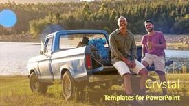  Presentation with backpacks - Slide set featuring two-male-friends-with-backpacks background and a tawny brown colored foreground