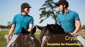  Presentation with horse riding - Slide set featuring two male jockeys riding horse in the ranch on a sunny day background and a tawny brown colored foreground