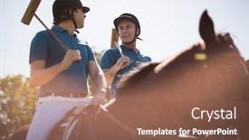  Presentation with horse riding - Amazing slides having two male jockeys riding horse in the ranch on a sunny day backdrop and a violet colored foreground