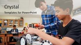  Presentation with robot vehicle - Presentation design with two male pupils building robotic background and a light gray colored foreground