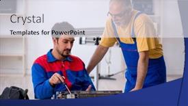  Presentation with conditioner - Theme with two-male-repairmen-repairing-air background and a sky blue colored foreground