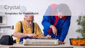  Presentation with conditioner - PPT theme featuring two-male-repairmen-repairing-air background and a sky blue colored foreground