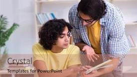  Presentation with classroom - Slide set featuring two-male-students background and a coral colored foreground