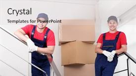  Presentation with boxes - PPT theme featuring red white blue - two male workers with boxes background and a lemonade colored foreground