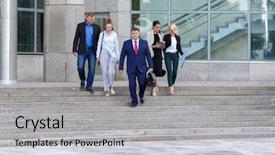  Presentation with five business people standing together and smiling - Slide set with two man and three woman background and a light gray colored foreground