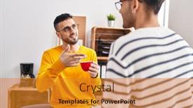  Presentation with office workers - Slide deck with two-man-business-workers-drinking background and a gold colored foreground