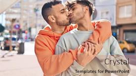  Presentation with people helping each teamwork couple - Slide set enhanced with two-man-couple-hugging-each background and a coral colored foreground