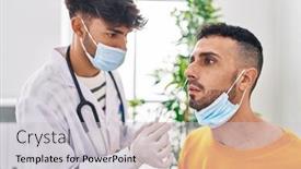  Presentation with antigen test - PPT theme enhanced with two-man-doctor-and-patient background and a light gray colored foreground