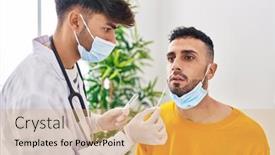  Presentation with antigen test - Presentation with two-man-doctor-and-patient background and a yellow colored foreground