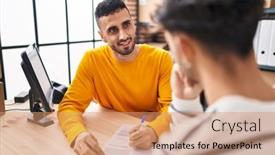  Presentation with office workers - PPT layouts consisting of two-man-ecommerce-business-workers background and a coral colored foreground