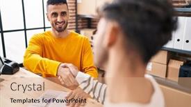  Presentation with office workers - Presentation theme enhanced with two-man-ecommerce-business-workers and a  colored foreground