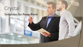  Presentation with managers - PPT layouts with two-managers-with-tablet-computers background and a soft green colored foreground