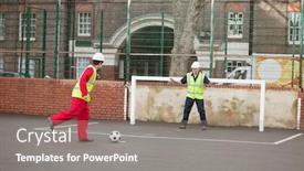  Presentation with two cute sisters playing - Slide set consisting of two-manual-workers-playing-football background and a gray colored foreground