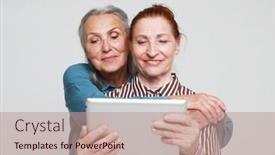  Presentation with old album - PPT layouts enhanced with two-mature-female-friends-looking background and a coral colored foreground