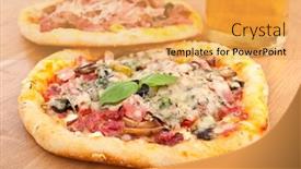  Presentation with mushroom - Presentation theme enhanced with two meat and mushroom pizzas and a glass of beer on a wooden table background and a yellow colored foreground