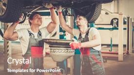  Presentation with mechanics - Beautiful slides featuring two mechanics changing oil backdrop and a coral colored foreground