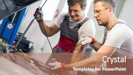  Presentation with mechanics - Theme enhanced with two mechanics checking oil level background and a  colored foreground