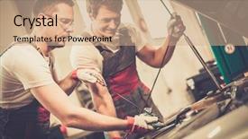  Presentation with mechanics - Slides consisting of two mechanics checking oil level background and a coral colored foreground