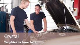  Presentation with mechanics - PPT theme with two mechanics looking at and working on a car in a repair shop background and a coral colored foreground