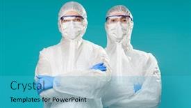  Presentation with medic - Colorful PPT theme enhanced with two-medic-in-protective-suits backdrop and a teal colored foreground