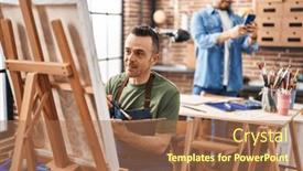  Presentation with music studio - Presentation design having two-men-artists-smiling-confident background and a coral colored foreground