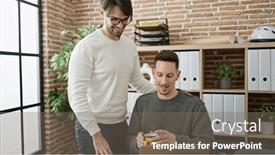  Presentation with partners - Presentation theme featuring two-men-business-partners-using background and a gray colored foreground