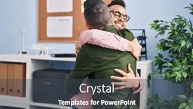  Presentation with men and women working in harmony - Slides enhanced with two-men-business-workers-hugging background and a dark gray colored foreground