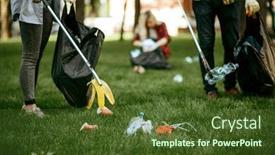  Presentation with garbage - Colorful presentation theme enhanced with two-men-collects-plastic-garbage backdrop and a tawny brown colored foreground