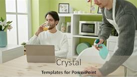  Presentation with room cleaning - Slide set with two-men-couple-drinking-orange background and a mint green colored foreground