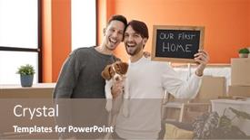  Presentation with new home - Presentation design featuring two-men-couple-hugging-each background and a  colored foreground