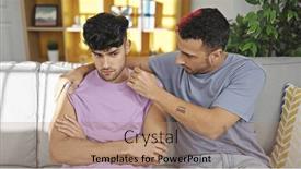  Presentation with two men climbing - Presentation theme having two-men-couple-hugging-each background and a coral colored foreground