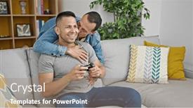  Presentation with video game - Presentation theme having two-men-couple-playing-video background and a  colored foreground