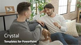  Presentation with speaking - PPT layouts having two-men-couple-sitting background and a dark gray colored foreground