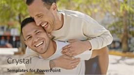  Presentation with confident - Presentation having two-men-couple-smiling-confident and a coral colored foreground