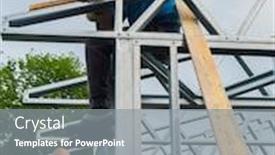  Presentation with build - Presentation featuring two men father and his son build a garage from a metal profile in the summer in the village background and a gray colored foreground