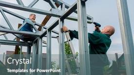  Presentation with build - Cool new presentation design with two men father and his son build a garage from a metal profile in the summer in the village backdrop and a ocean colored foreground