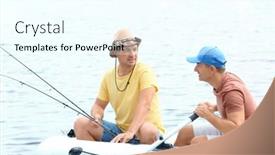  Presentation with boat river - Audience pleasing PPT theme consisting of two men fishing from inflatable boat on river backdrop and a cool aqua colored foreground