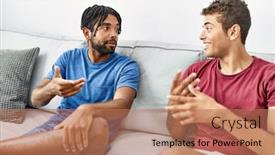  Presentation with friends - Slide set enhanced with two-men-friends-having-conversation background and a coral colored foreground