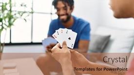  Presentation with poker - Theme having two-men-friends-playing-poker background and a coral colored foreground