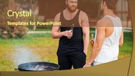  Presentation with beer bottle - Slide set consisting of two men holding a beer bottle while preparing barbecue grill in park zone background and a tawny brown colored foreground