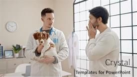  Presentation with veterinary - PPT theme featuring two-men-holding-dog background and a light gray colored foreground