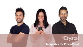  Presentation with black men - Slides having two men in black and a woman looking the mobile isolated on a white background background and a coral colored foreground