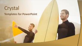  Presentation with two men climbing - Slide set having two men in wetsuits with a surfboard on a sunny day background and a lemonade colored foreground