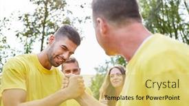  Presentation with teambuilding - Audience pleasing PPT layouts consisting of two-men-make-arm-wrestling backdrop and a yellow colored foreground