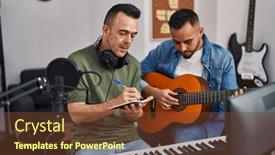  Presentation with classical guitar - Theme featuring two-men-musicians-composing-song background and a tawny brown colored foreground