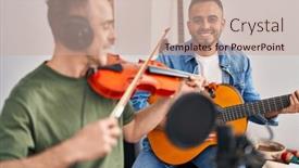  Presentation with classical guitar - PPT theme enhanced with two-men-musicians-playing-classical background and a coral colored foreground